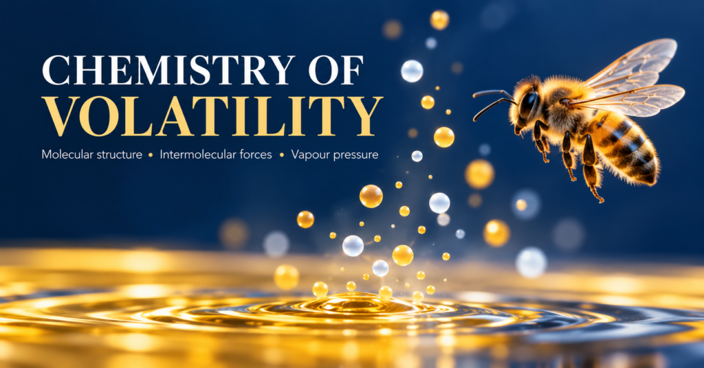 Honey bee and illustrative molecules above a liquid for a lesson on intermolecular forces and vapour pressure